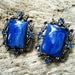 RESERVED Vintage Art Glass Earrings Marbled Blue Rhinestone Openwork Silver Tone