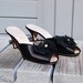 1950s Black Satin Slippers, Shoes, Daniel Green Hostess Slides with Kitten Heels, size 9