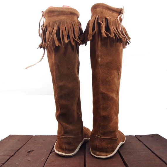 Tall Fringe Moccasin Boots in Brown Suede Southwestern meets