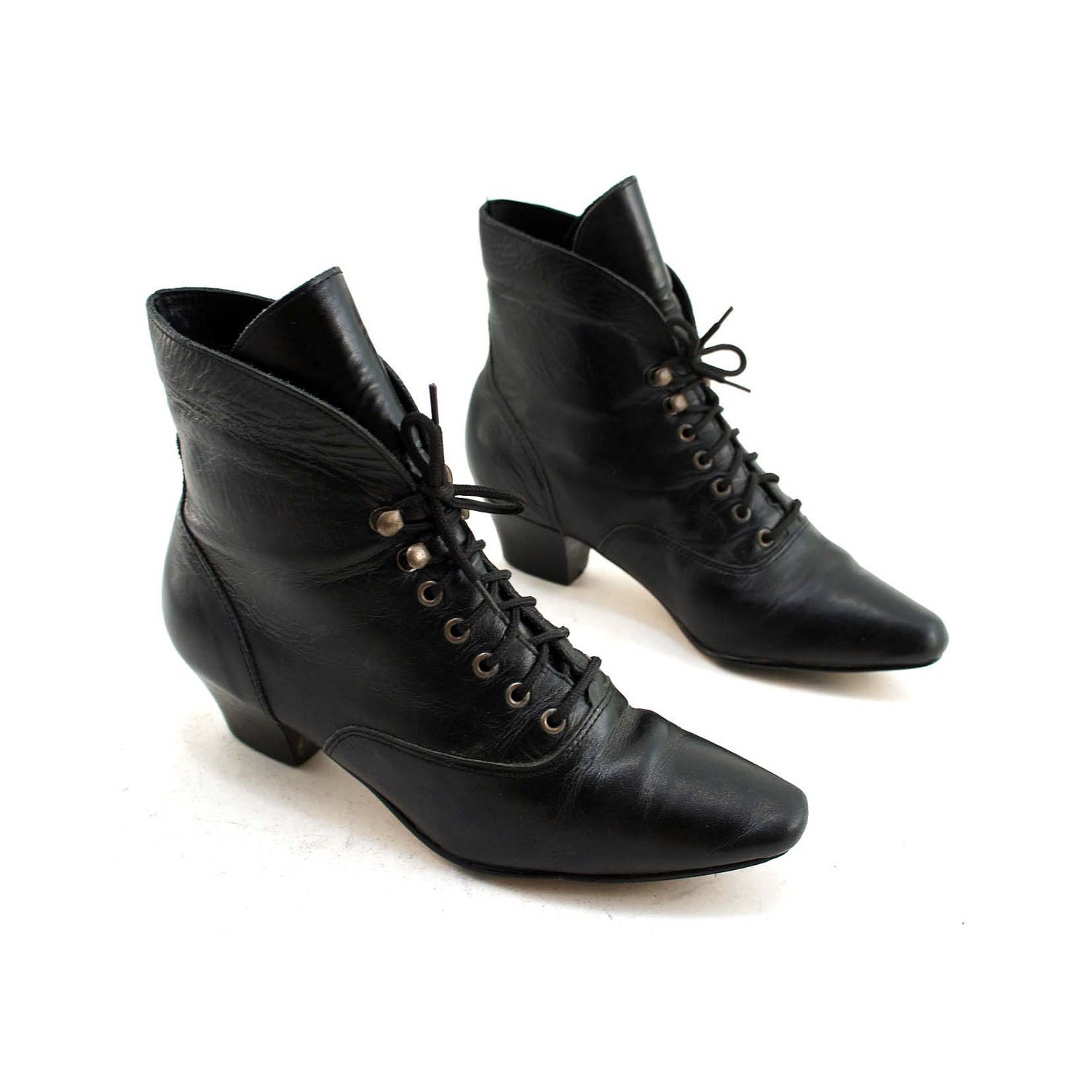 Witch Shoes: Black Leather Pointy Toe Ankle Boots with Pop up