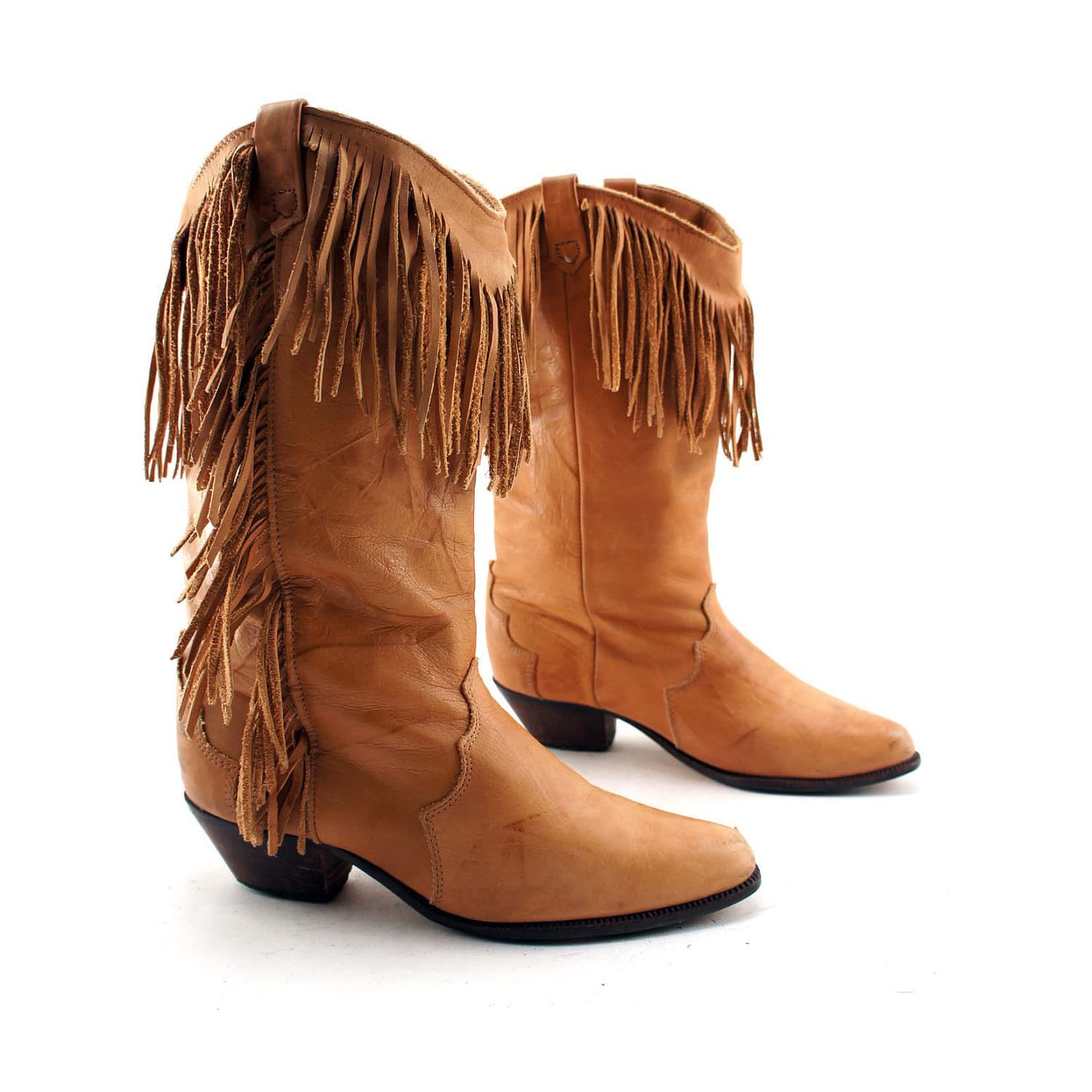 BLACK FRIDAY / Boho Fringe Cowboy Boots Camel Brown Leather