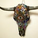 Mosaic Steer Skull made with Handcut Dichroic and Stained Glass Tiles. Original, OOAK.