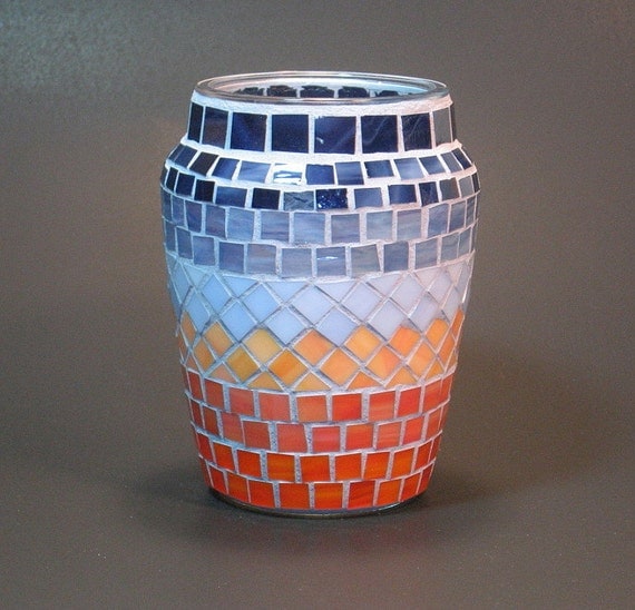 Stained glass mosaic vase blue and orange sunset