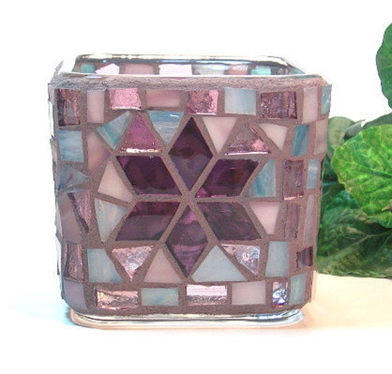 Stained glass mosaic votive candle holder plum teal