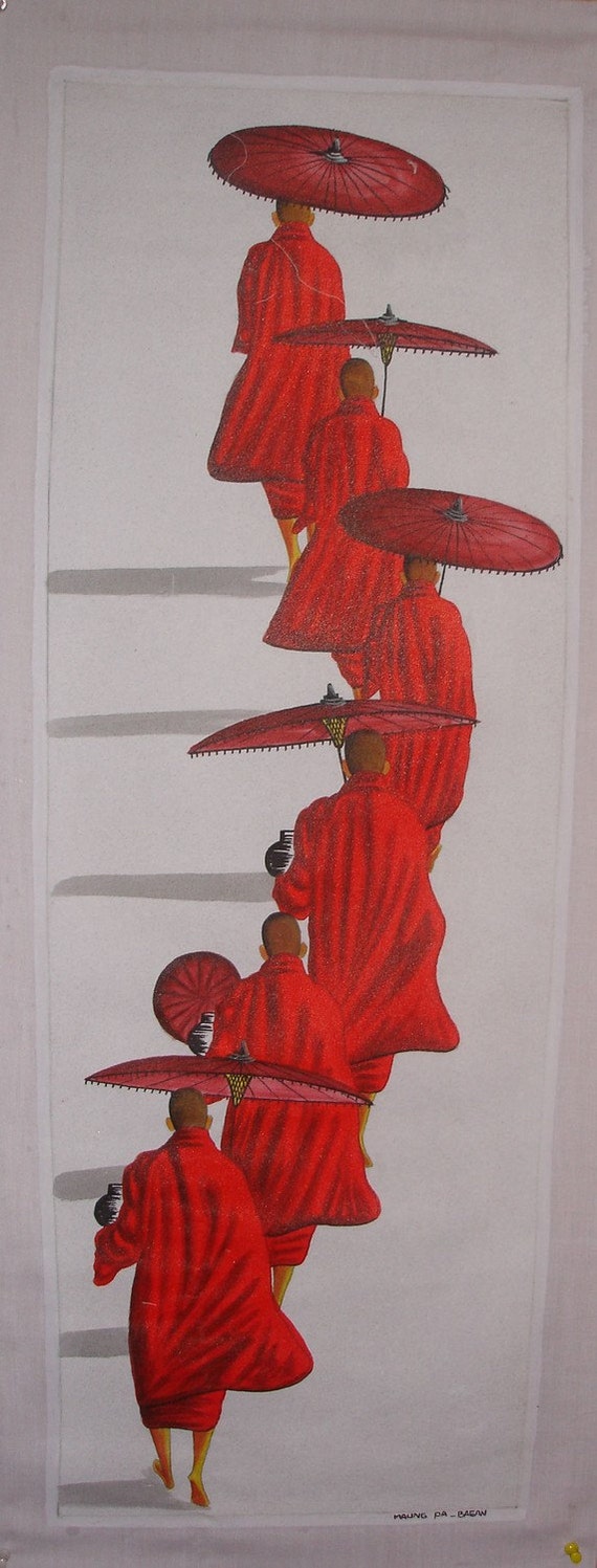 Burma Bagan Sand Painting Art Monks With Umbrella 11x32