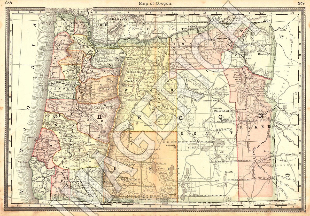 Vintage State Map Oregon 1883