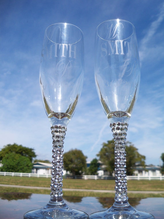 Bling Etched Wedding Flutes Champagne Glass Wedding Glass