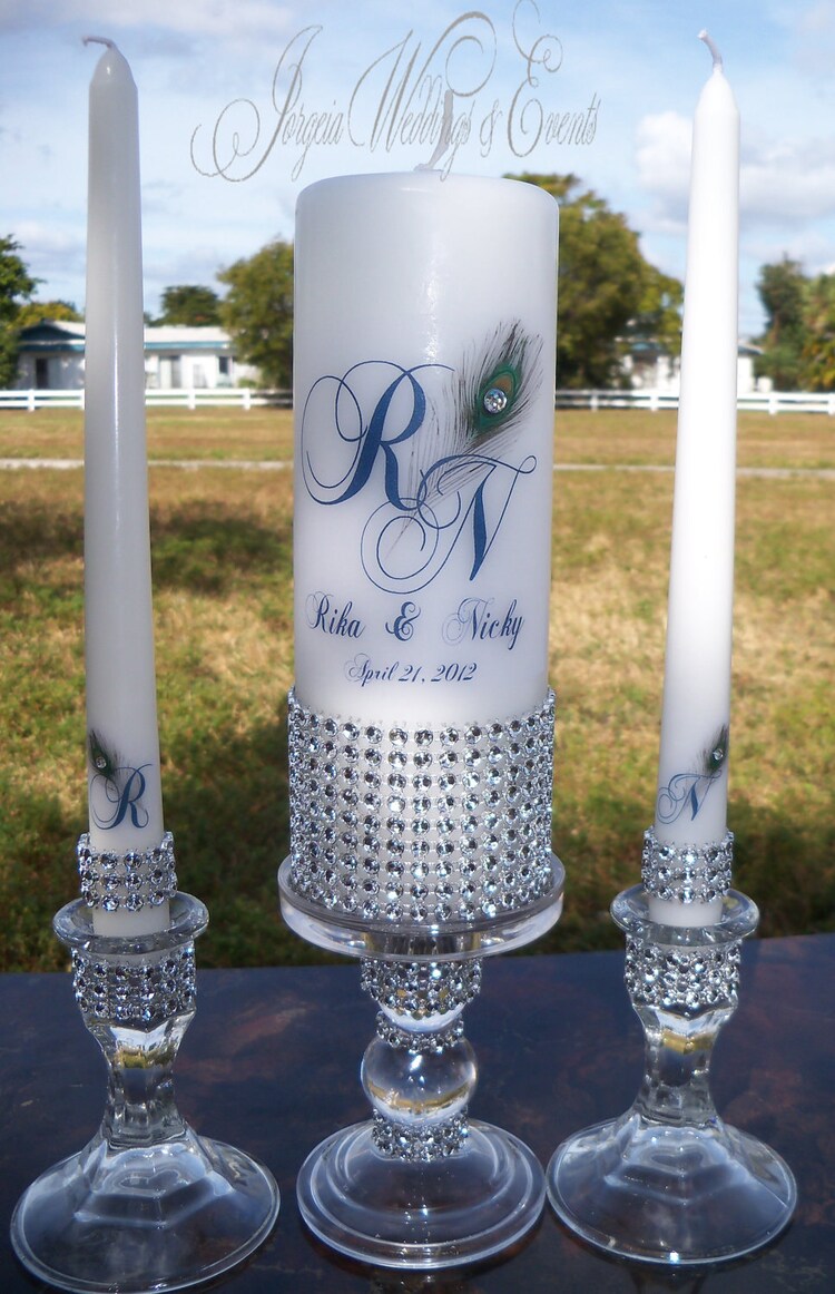 Bling Peacock Unity Candle and Holder set by