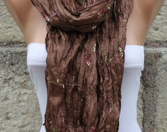 Brown Floral Embroidered Scarf,wedding Shawl Cowl Scarf Teacher gif,Gift For Her Women Fashion Acessories bridesmaid gift Bridal Accessories