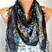 ON SALE - Scarf Shawl - Cotton Weddings Scarves - Cowl with Lace Edge - Black Multicolor