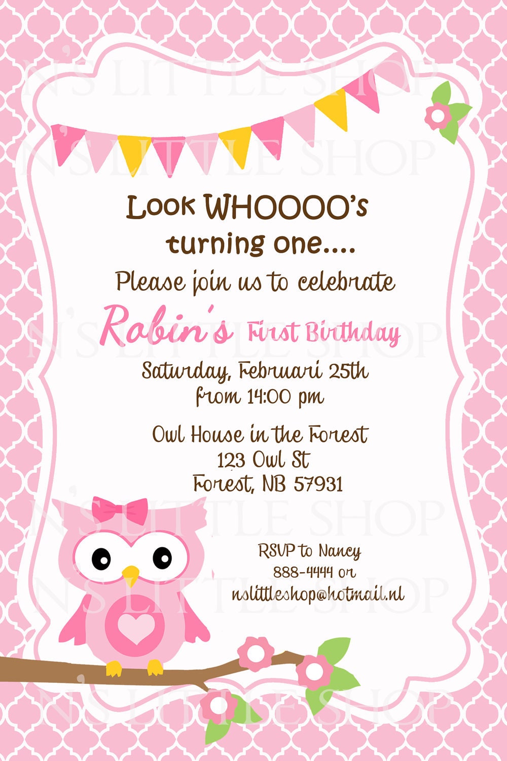 Pink OWL birthday invitation card / customize/ by nslittleshop