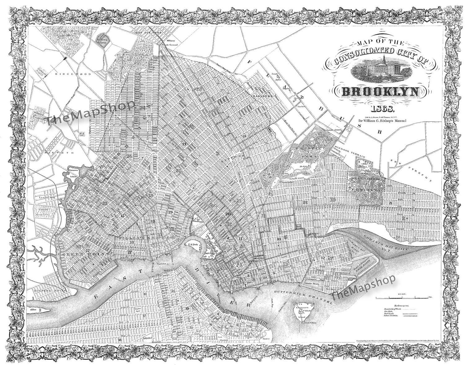 1868 Brooklyn Street Map Vintage Print Poster 0458