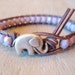 Beaded leather wrap bracelet, "Baby Elephant", lavender, purple, distressed gray leather, lucky good luck charm, boho chic, pastel