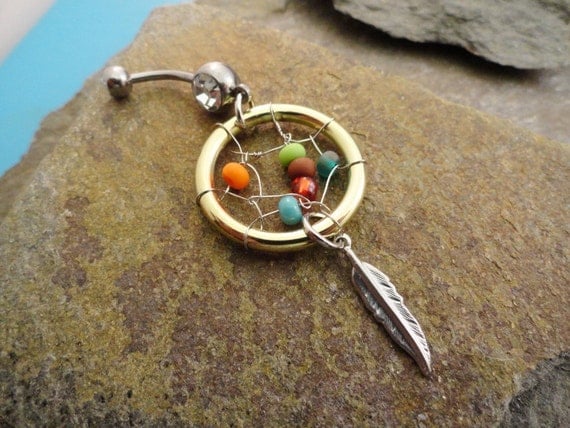 Items Similar To Gold Dream Catcher Belly Button Jewelry With Feather Multi Color On Etsy