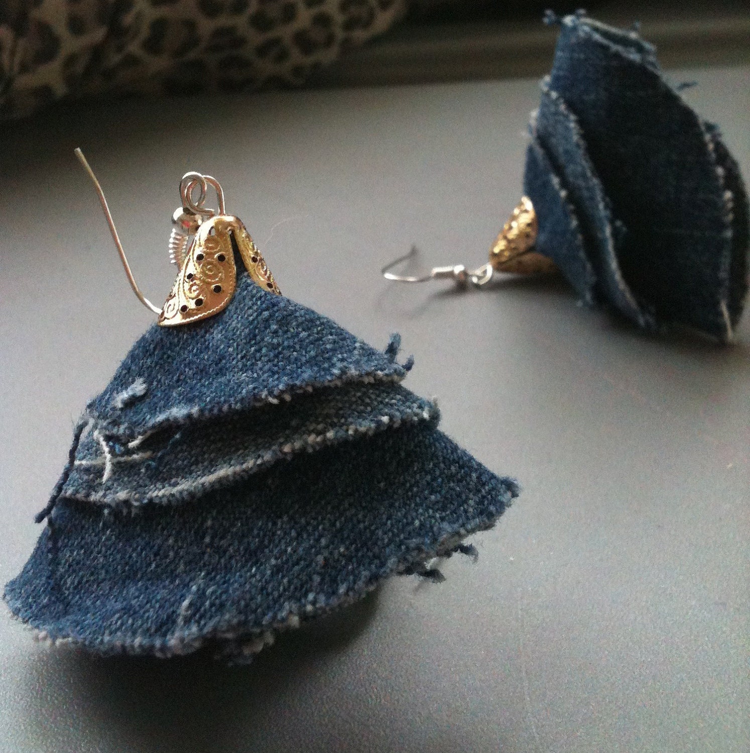 Eco friendly upcycle blue jean dangle earrings by GoodieStore