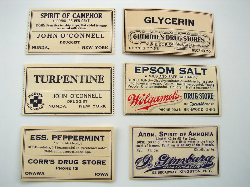 vintage medicine bottle pharmacy labels from the 1920s set