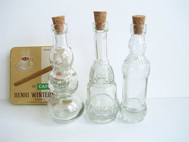 Decorative Clear Glass Bottles with Corks 5 tall Set