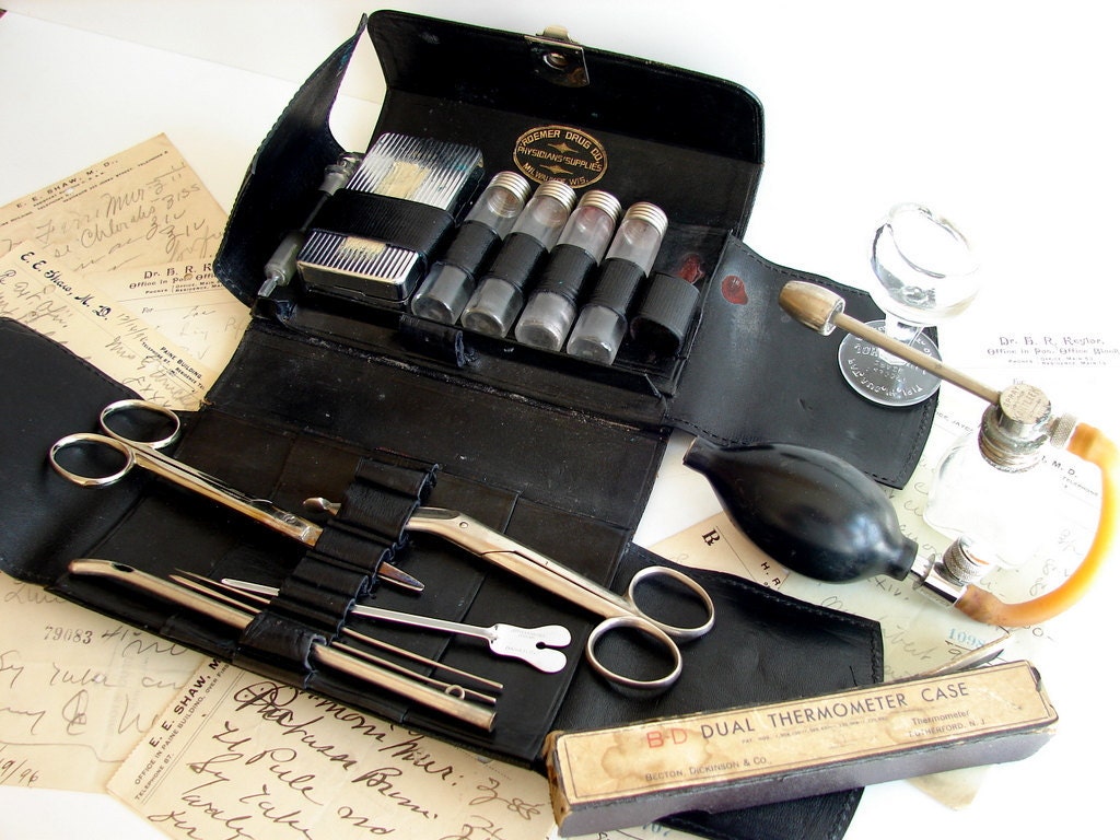 Vintage Physicians Medical Kit in Black Leather Case by ThirdShift