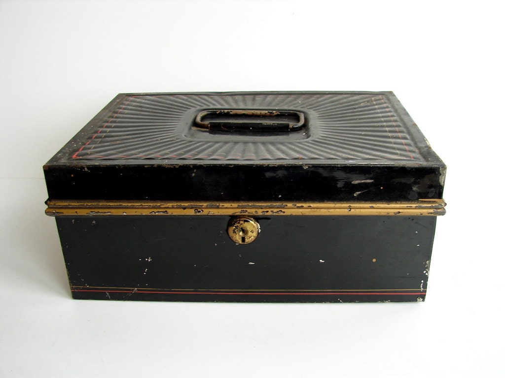 Vintage Black Metal Box with Lid and Handle Storage