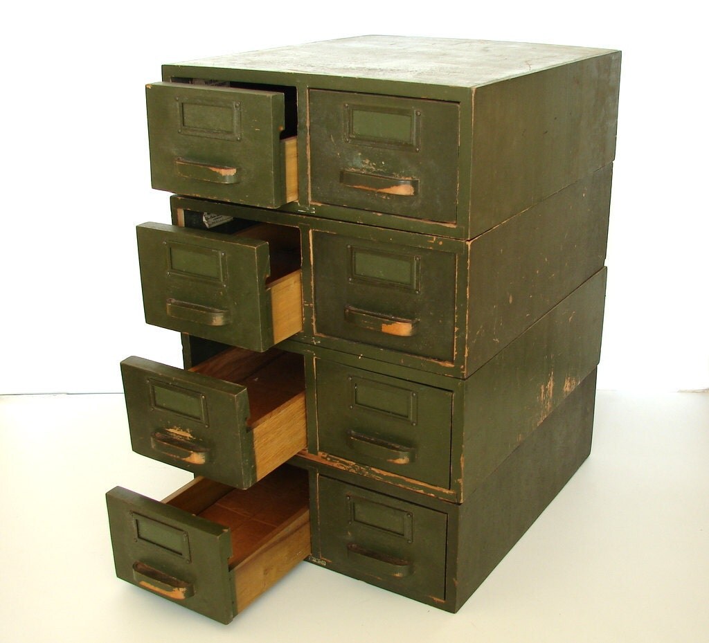 Vintage Wooden Index Card / Library Card Drawer Unit with Two