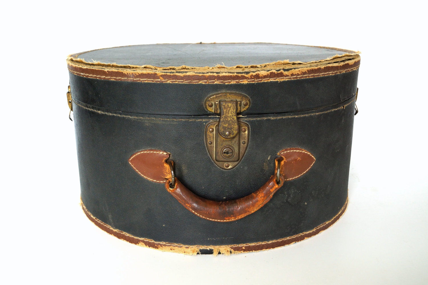 Vintage / Antique Black Leather Hat Box circa.1920s Travel