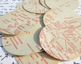 Vintage Map Circle Punches 12 pcs - 2" paper circles - ephemera - scrap booking - paper tags - embellishments - card making - vintge paper