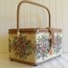 Large Sewing Basket - Vintage Box with Woven Trim - Tapestry Fabric Exterior