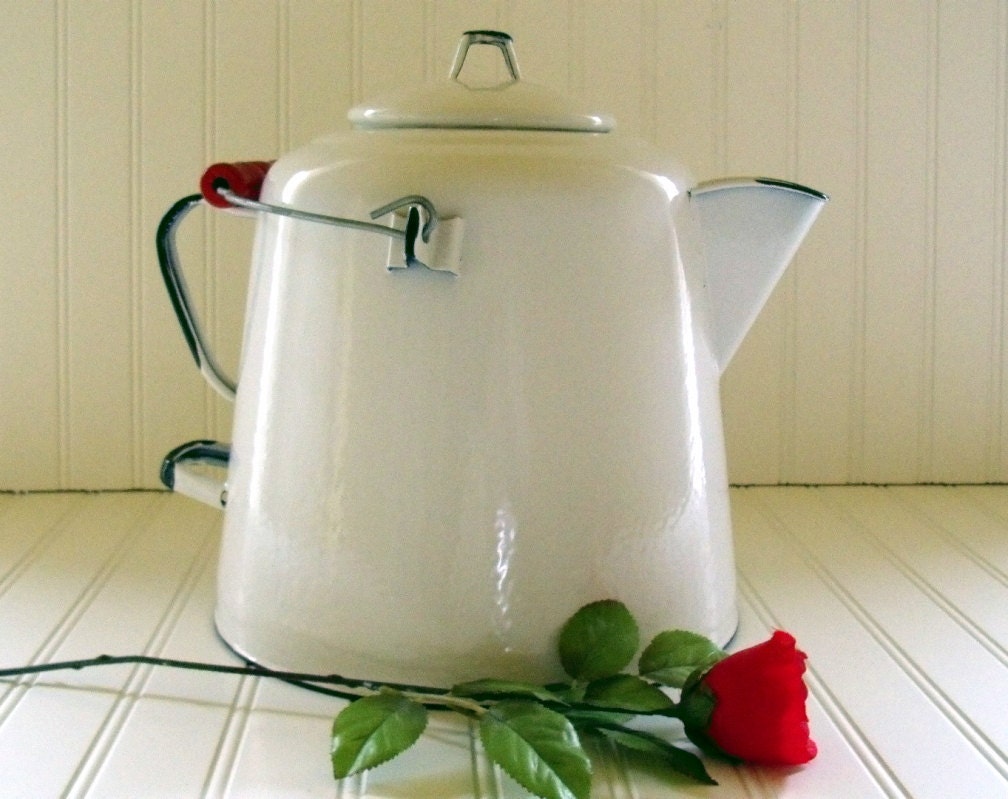 Black on White Enamelware Extra Large Water Kettle With Lid