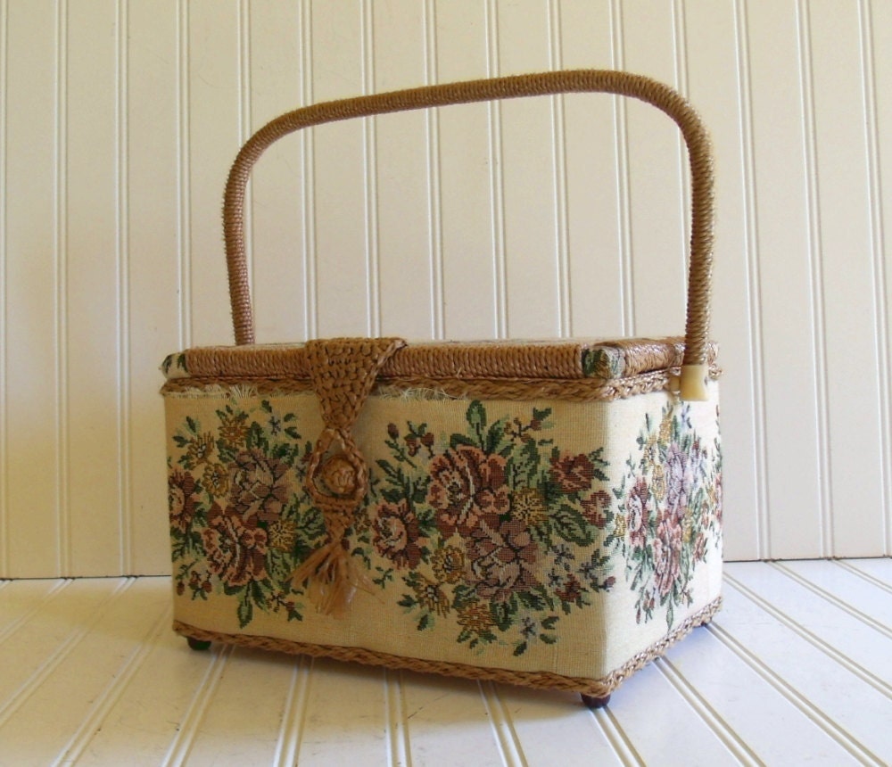 Large Sewing Basket Vintage Box with Woven Trim Tapestry