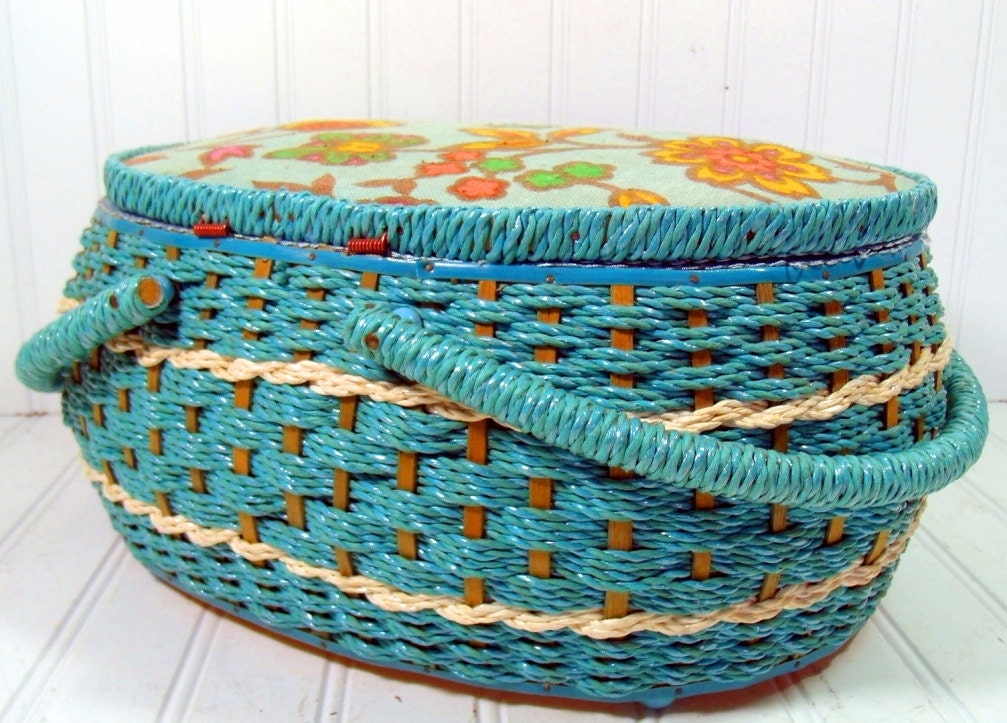 Large Turquoise Wicker Sewing Basket Vintage Oval Aquamarine