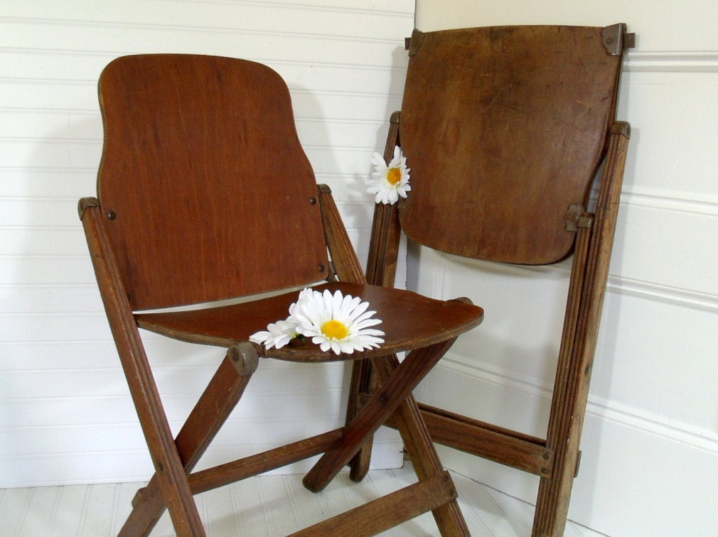 Early Wooden Folding Chairs Set of 2 Vintage American