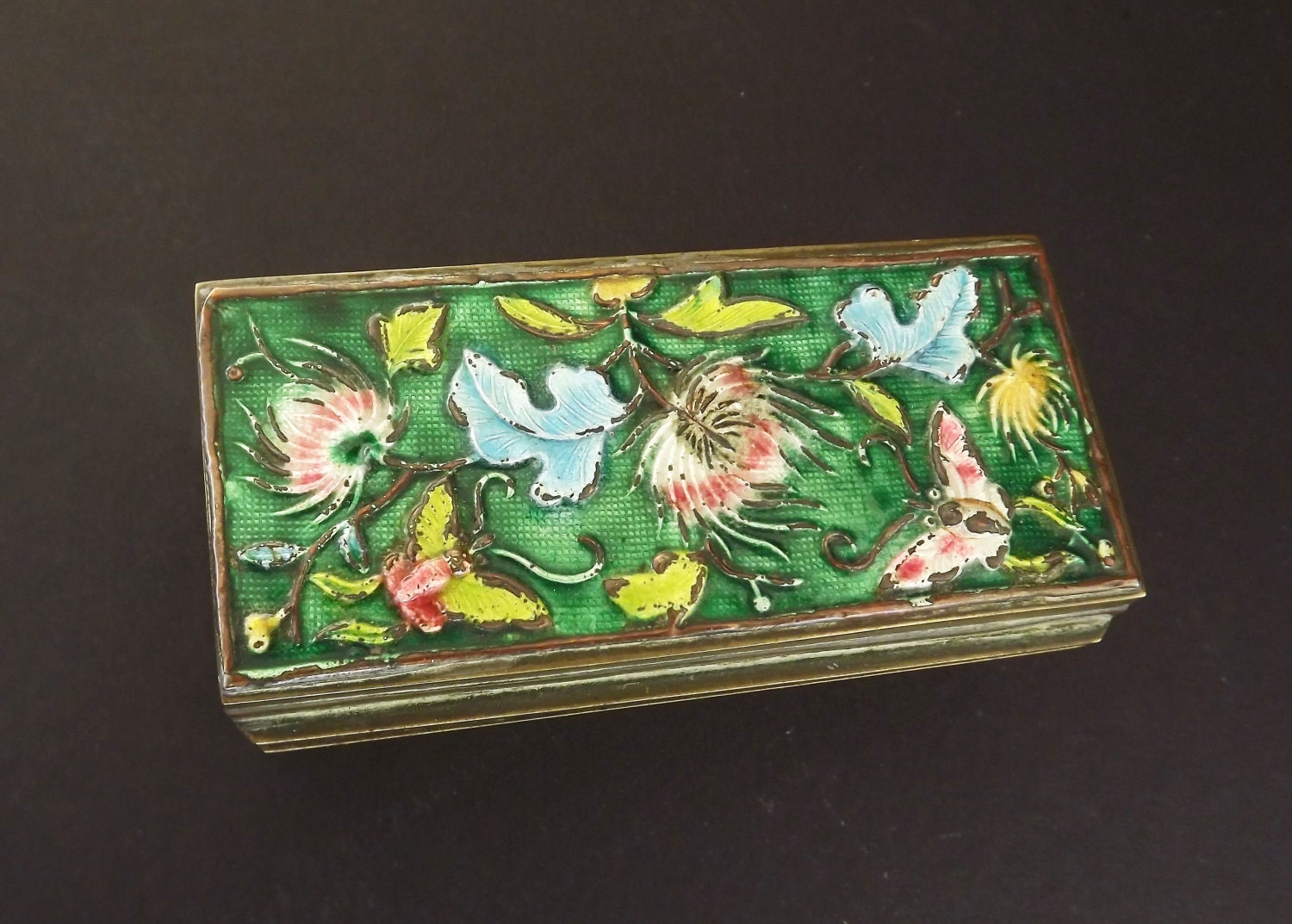 Vintage Trinket Box Green Enamel and Brass Collectible