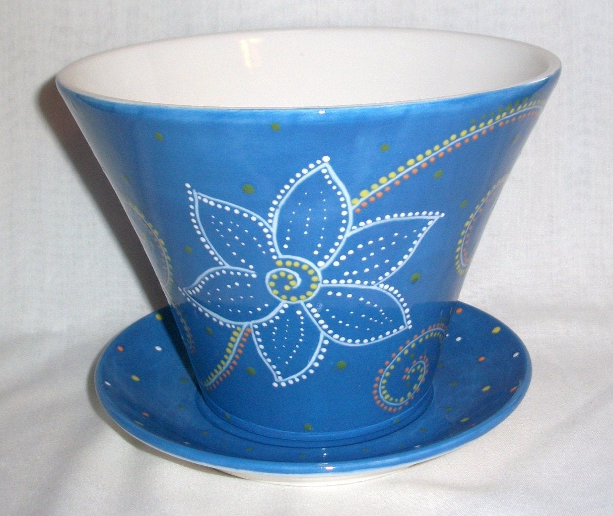 Ceramic Flower Pot Hand Painted Blue Flowers & Swirls