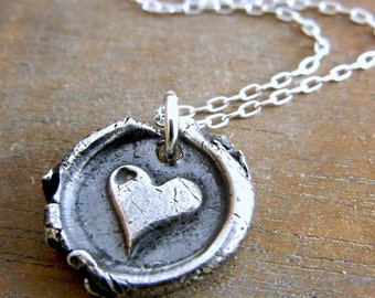 Heart Charm Necklace | Silver Heart Necklace | Wax Seal Necklace | Rustic Heart Silver Charm Necklace | Valentine's Day Gift for Her