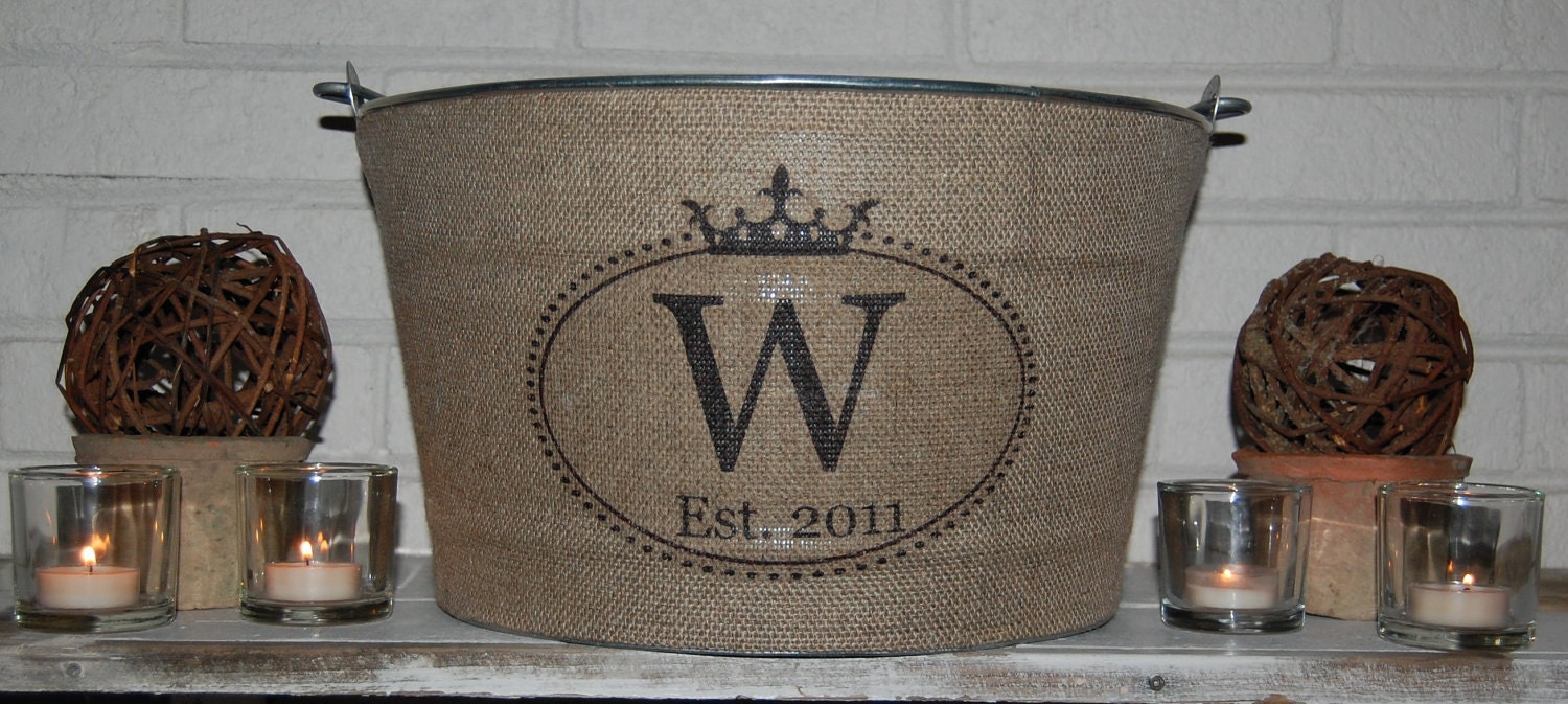 Monogram Burlap Galvanized Wine Tub with S Est.