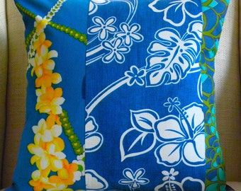 Pillow Cover - Vintage Floral Blue Hawaiian Patchwork - 18 x 18