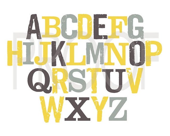 alphabet print yellow gray digital download print for