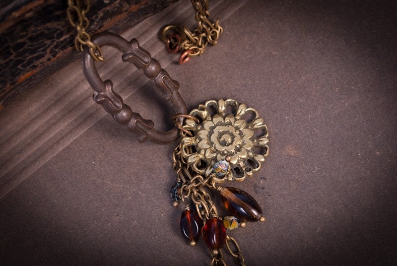 Brass floral medallion pendant. Handmade vintage assemblage necklace