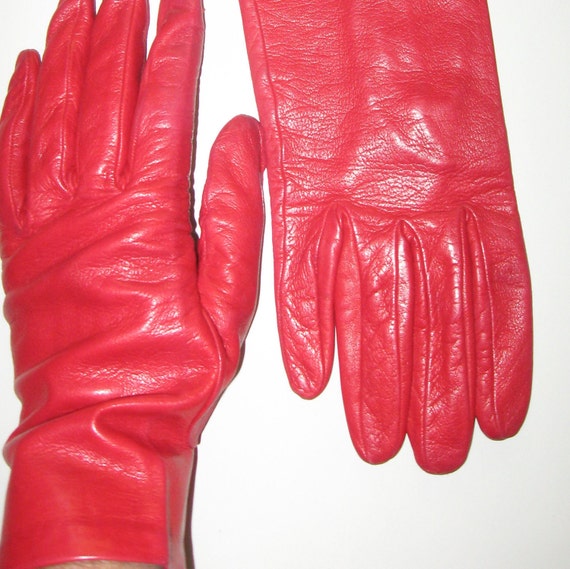 Vintage Red Leather Gloves Mod Women Ladies Made in Italy