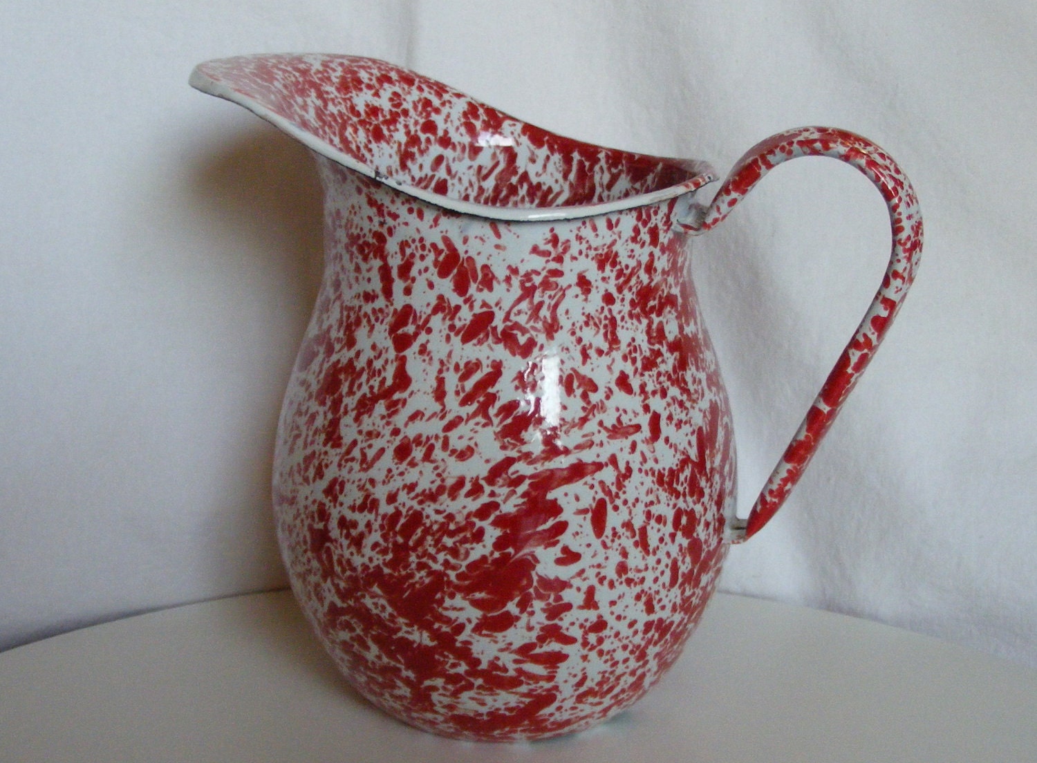 Vintage Unusual RED White Graniteware Large 3qt Enamel Pitcher