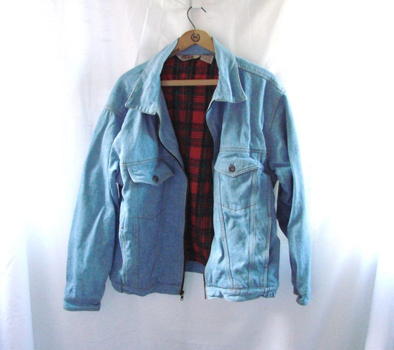 1980s Blue Jean Jacket / vintage Denim Jean Plaid Shirt Jacket