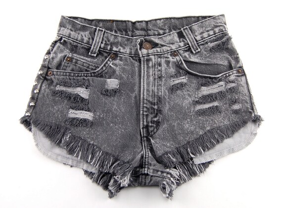 Acid Wash Black Denim Studded Shorts Size 26 / Small