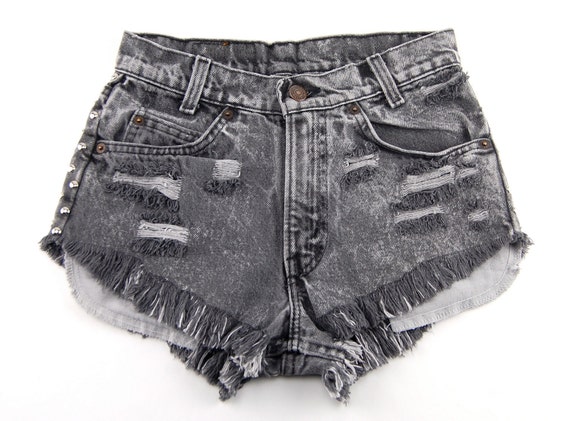 Acid Wash Black Denim Studded Shorts Size 26 / Small