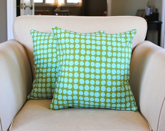 Grass Green and Aqua Polka Dot Pillow Covers in Amy Butler Sunspots Fabric. Set of two (2) pillow covers for 18x18 inserts. Easter pillow