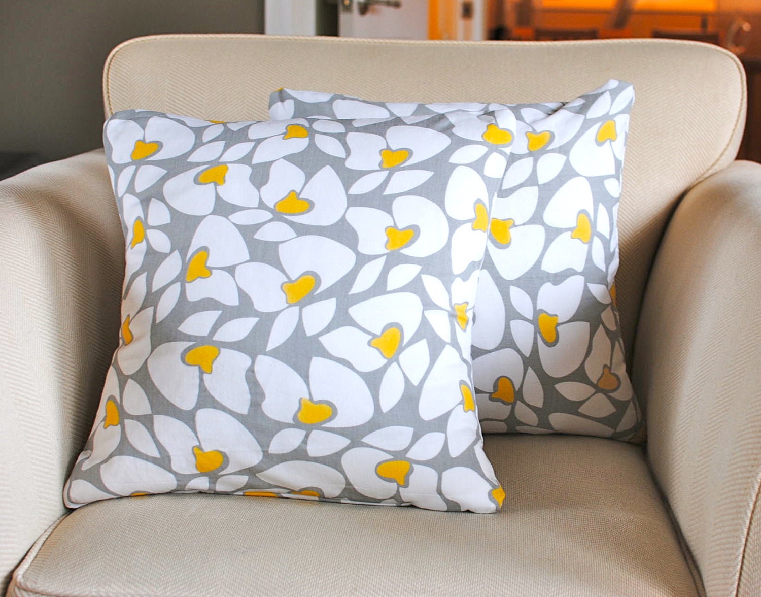 Yellow and Gray Floral Pillow Covers. Set of by kangaroostitches