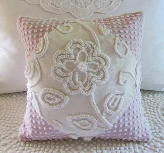 WHITE ROSE vintage chenille pillow cover