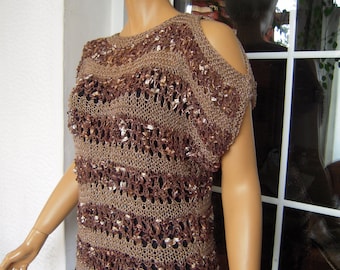 sweater handmade knit oversized cold shoulders top with stripes in brown size M/L ready to ship gift idea for her by golden yarn