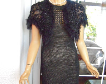 dress black dress handmade knitted crochet dress/sweater in black silk with cape ready to ship for her size M/L'OOAK by golden yarn