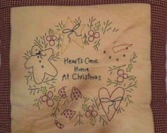 HeaRTs CoMe HoMe At CHRiSTMaS-STiTCHerY PaTTerN-PiLLoW PaTTerN - PDF E-Pattern - Primitive and Whimsical
