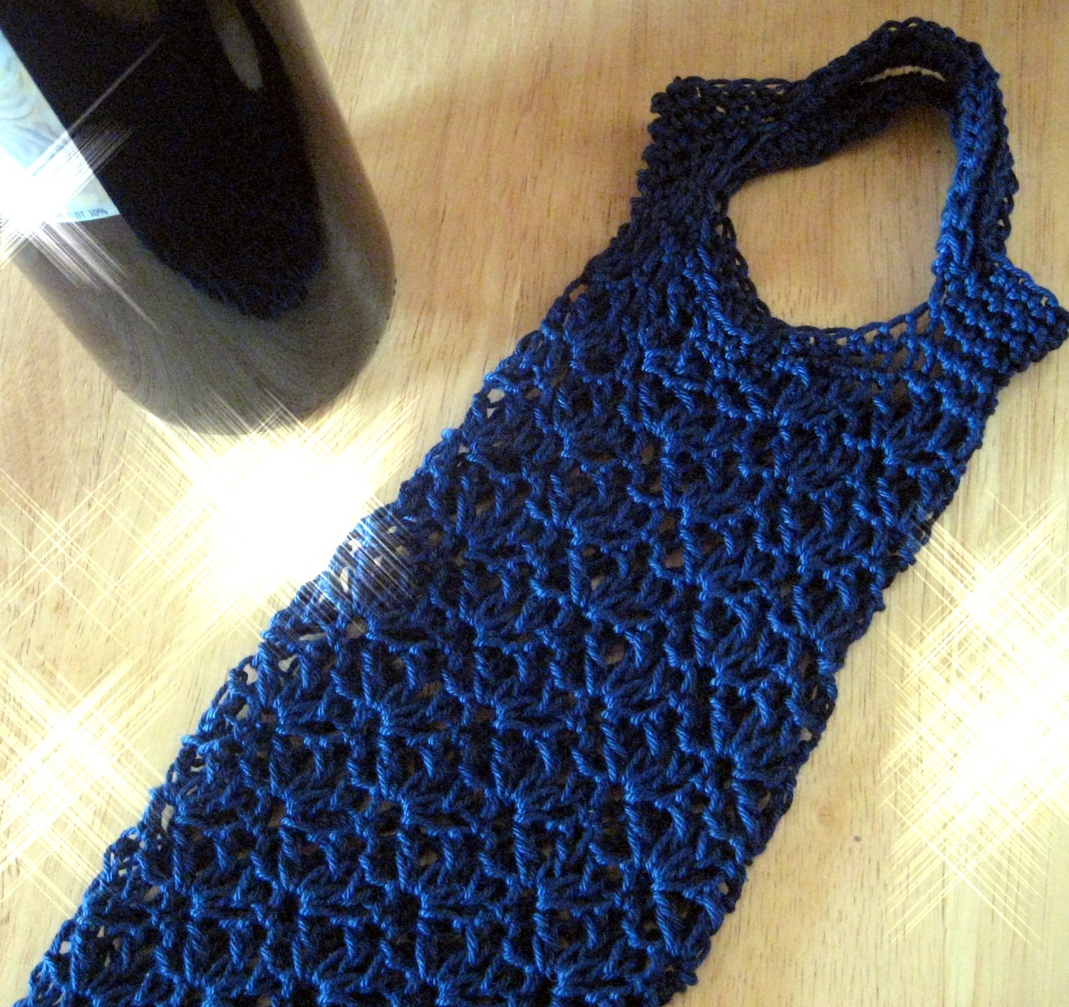 Navy Blue Crochet Wine Tote